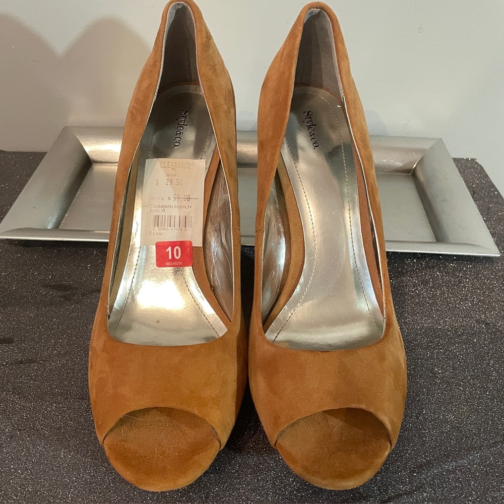 Style & Co Tan Suede Peep Toe Heels